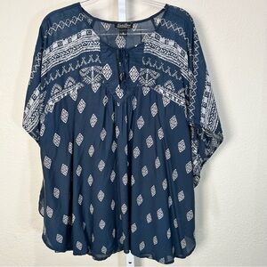 Lucky Brand Live in Love Navy Bandana Peasant Boho Dolman Butterfly Blouse XL